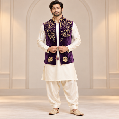 Regal Plum Gold Embroidered Velvet Waistcoat