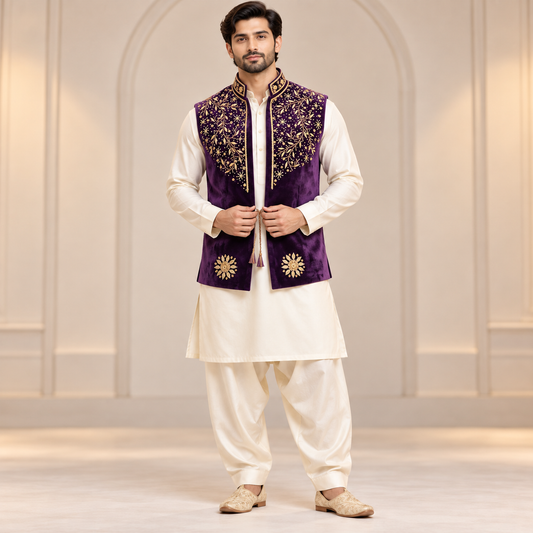 Regal Plum Gold Embroidered Velvet Waistcoat