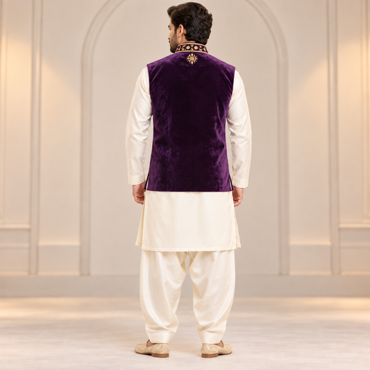 Regal Plum Gold Embroidered Velvet Waistcoat