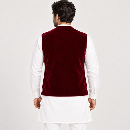 Royal Maroon Embroidered Velvet Waistcoat