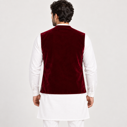 Royal Maroon Embroidered Velvet Waistcoat