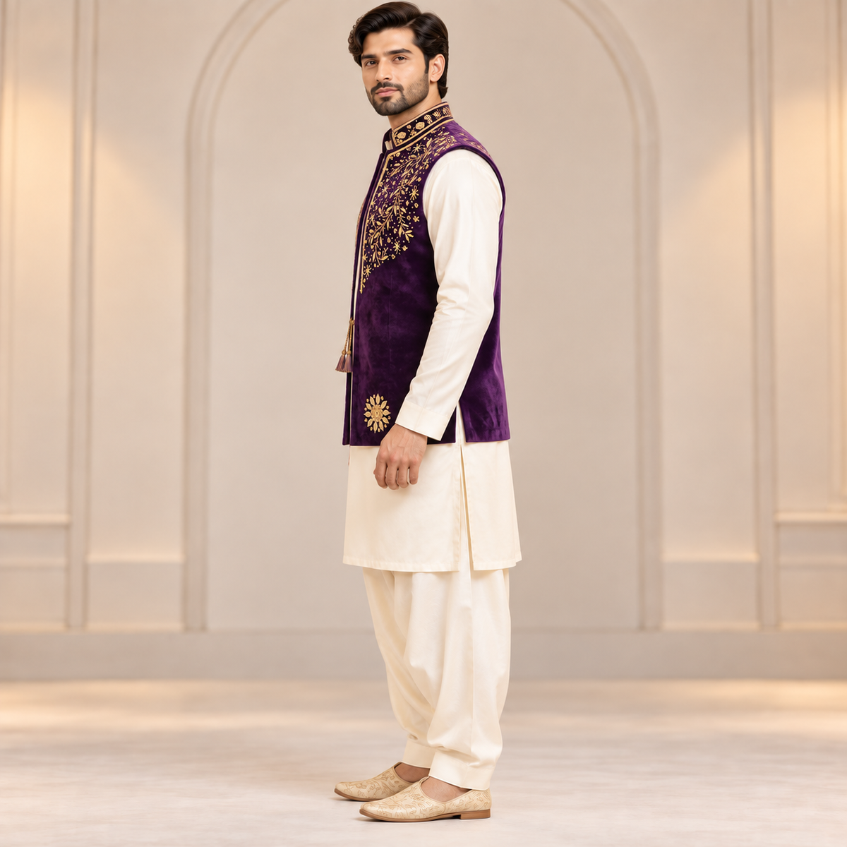 Regal Plum Gold Embroidered Velvet Waistcoat