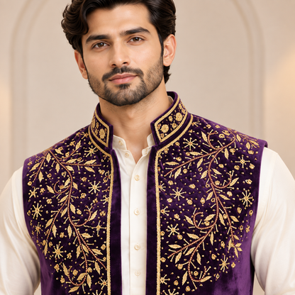 Regal Plum Gold Embroidered Velvet Waistcoat