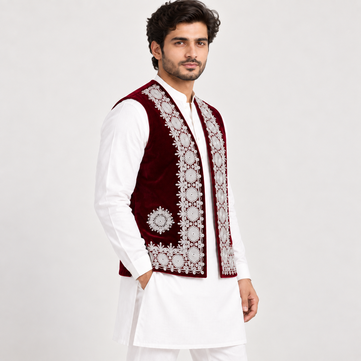 Royal Maroon Embroidered Velvet Waistcoat