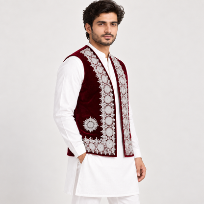 Royal Maroon Embroidered Velvet Waistcoat