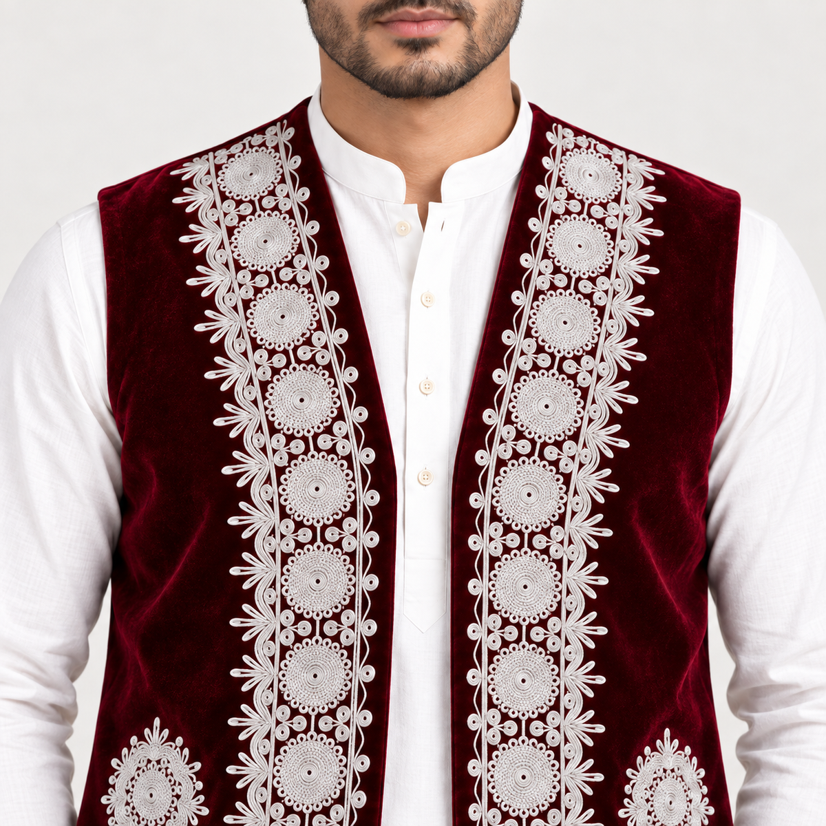Royal Maroon Embroidered Velvet Waistcoat