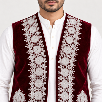 Royal Maroon Embroidered Velvet Waistcoat